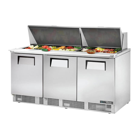 True TFP-72-30M-HC 72-1/8" 3-door food prep table with (30) 1/6 size pans, doors closed, lid open