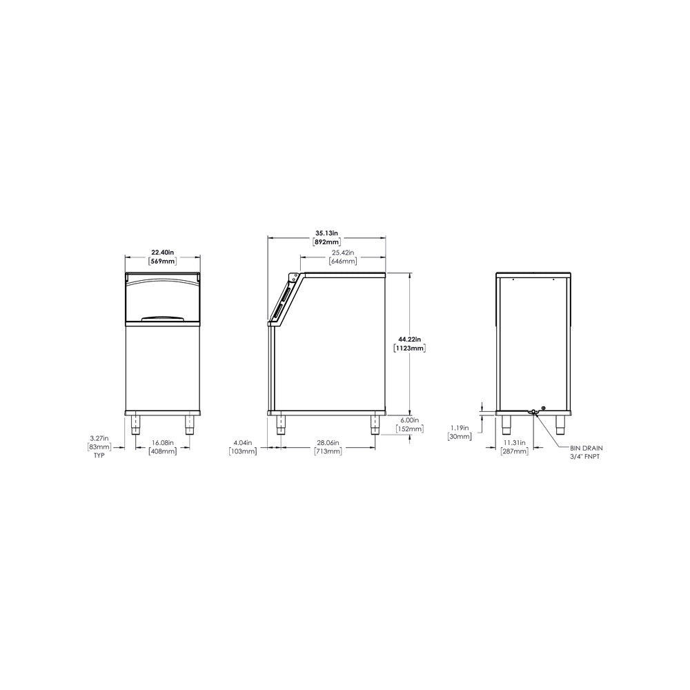 True TIB-422 dimensional drawing from the spec sheet: front, side and back views with bin drain location