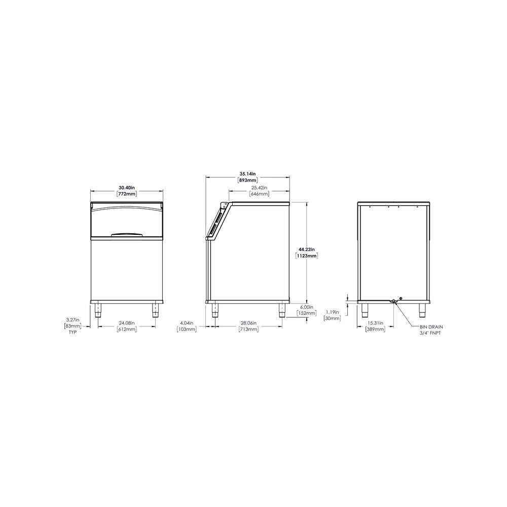 True TIB-530 dimensional drawing from the spec sheet: front, side and back views with bin drain location
