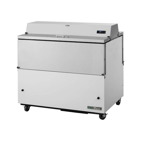 True TMC-49-DS-HC 49" dual sided milk cooler, white exterior, doors closed