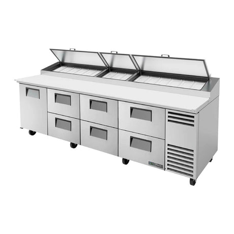 True TPP-AT-119D-6-HC 119-1/4" 1-door 6-drawer pizza prep table with (15) 1/3 size pans, door and drawers closed, lid open