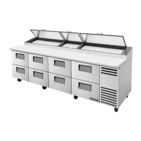 True TPP-AT-119D-8-HC 119-1/4" 8-drawer pizza prep table with (15) 1/3 size pans, drawers closed, lid open
