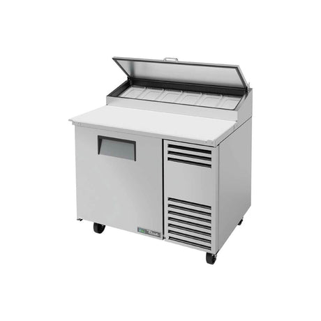 True TPP-AT-44-HC 44-5/8" 1-door pizza prep table with (6) 1/3 size pans, door closed, lid open