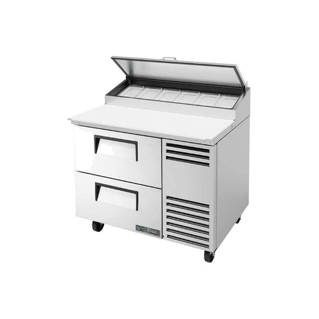 True TPP-AT-44D-2-HC 44-5/8" 2-drawer pizza prep table with (6) 1/3 size pans, drawers closed, lid open