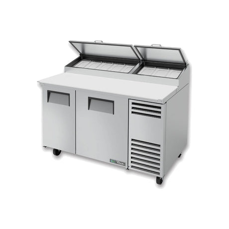 True TPP-AT-60-HC 60-1/4" 2-door pizza prep table with (8) 1/3 size pans, doors closed, lid open