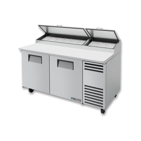 True TPP-AT-67-HC 67-3/8" 2-door pizza prep table with (9) 1/3 size pans, doors closed, lid open