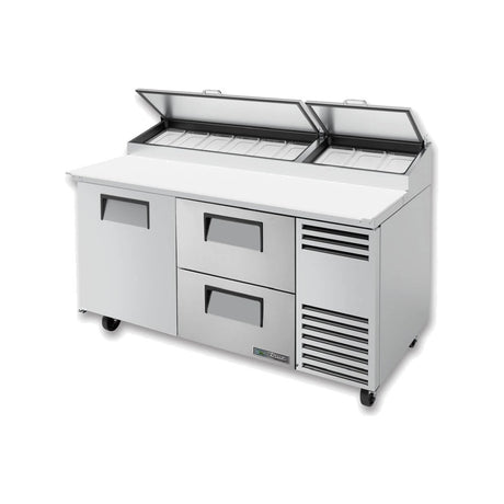 True TPP-AT-67D-2-HC 67-3/8" 1-door 2-drawer pizza prep table with (9) 1/3 size pans, door and drawers closed, lid open
