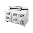 True TPP-AT-67D-4-HC 67-3/8" 4-drawer pizza prep table with (9) 1/3 size pans, drawers closed, lid open