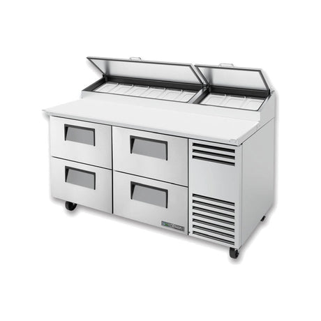 True TPP-AT-67D-4-HC 67-3/8" 4-drawer pizza prep table with (9) 1/3 size pans, drawers closed, lid open