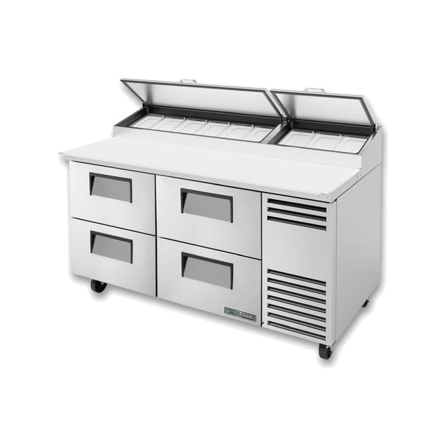 True TPP-AT-67D-4-HC 67-3/8" 4-drawer pizza prep table with (9) 1/3 size pans, drawers closed, lid open