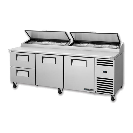 True TPP-AT2-93D-2-HC 93-3/8" 2-door 2-drawer pizza prep table with (12) 1/3 size pans, doors and drawers closed, lid open