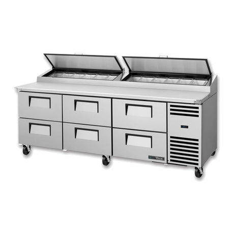 True TPP-AT2-93D-6-HC 93-3/8" 6-drawer pizza prep table with (12) 1/3 size pans, drawers closed, lid open