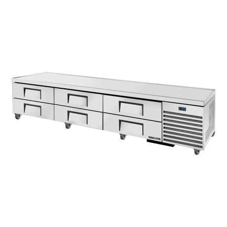 True TRCB-110-HC 110" 6-drawer refrigerated chef base, front three-quarter view with drawers closed