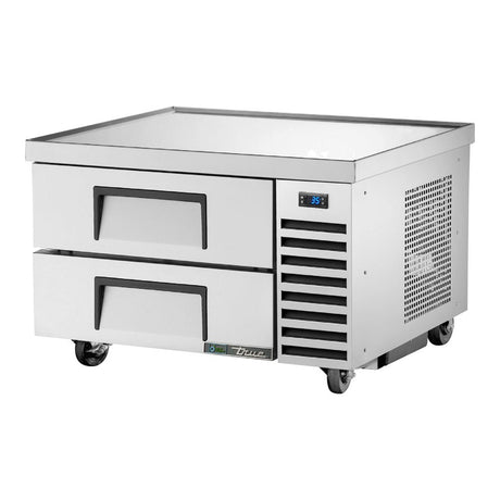 True TRCB-36-HC 36-3/8" 2-drawer refrigerated chef base, front three-quarter view with drawers closed