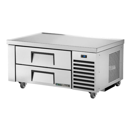 True TRCB-48-HC 48-3/8" 2-drawer refrigerated chef base, front three-quarter view with drawers closed