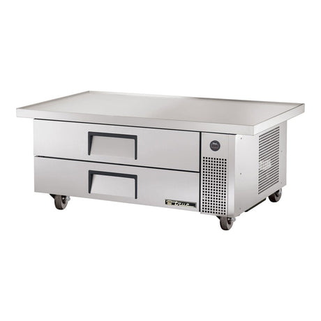True TRCB-52-60-HC 60" 2-drawer refrigerated chef base with extended top, front three-quarter view with drawers closed