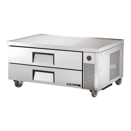 True TRCB-52-HC 51-7/8" 2-drawer refrigerated chef base, front three-quarter view with drawers closed