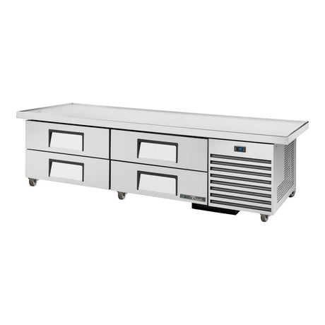 True TRCB-79-86-HC 86-1/4" 4-drawer refrigerated chef base with extended top, front three-quarter view with drawers closed