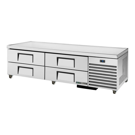 True TRCB-79-HC 79-1/4" 4-drawer refrigerated chef base, front three-quarter view with drawers closed