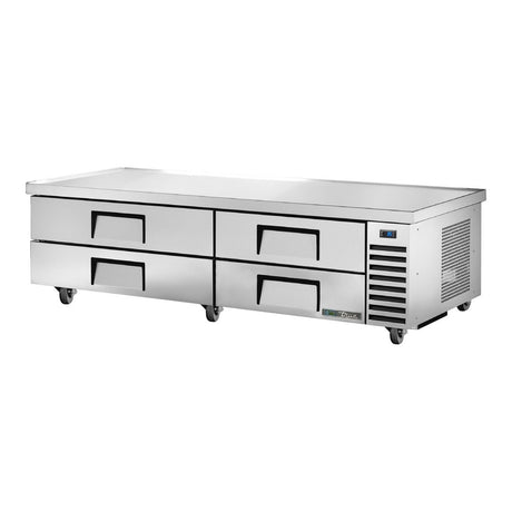 True TRCB-82-84-HC 84" 4-drawer refrigerated chef base with extended top, front three-quarter view with drawers closed