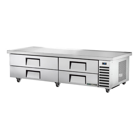 True TRCB-82-86-HC 86-1/4" 4-drawer refrigerated chef base with extended top, front three-quarter view with drawers closed