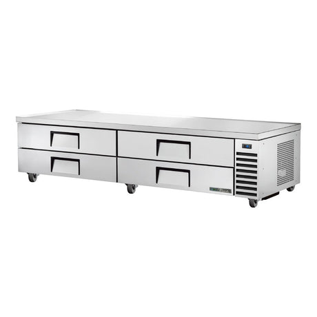 True TRCB-96-HC 95-1/2" 4-drawer refrigerated chef base, front three-quarter view with drawers closed