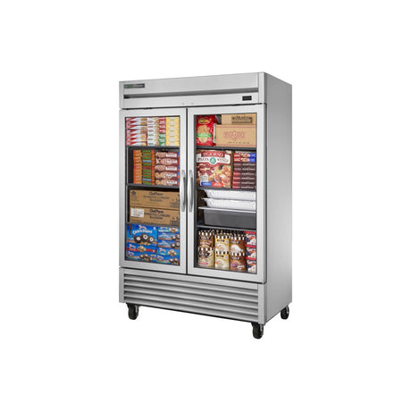 True TS-49FG-HC 54-1/8" 2 stainless steel glass door reach-in freezer, front view with doors closed