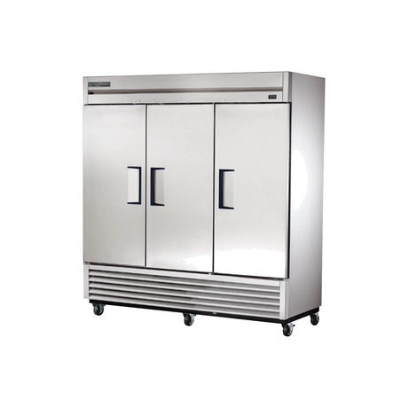 True TS-72-HC 78-1/8 inch 3 solid door reach-in refrigerator, front view, doors closed