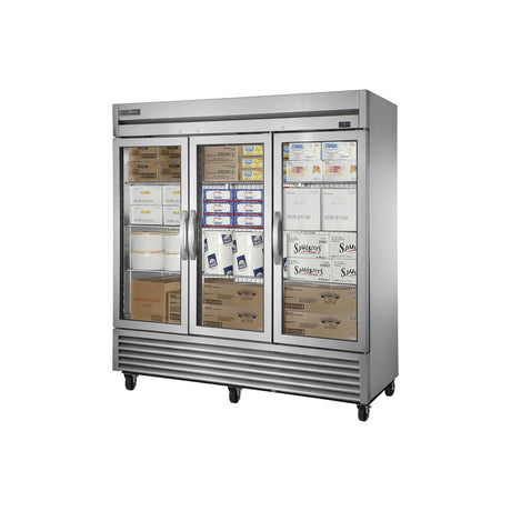 True TS-72FG-HC 78-1/8" 3 stainless steel glass door reach-in freezer, front view with doors closed