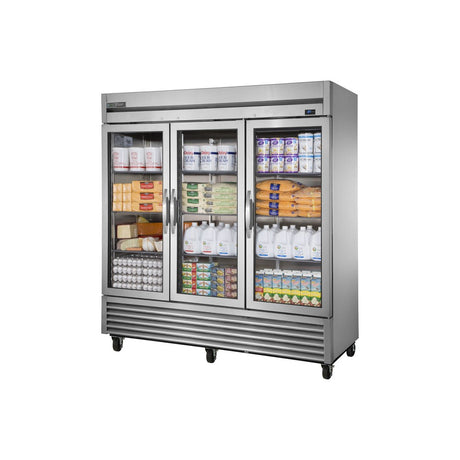 True TS-72G-HC~FGD01 78-1/8" 3 glass swing door reach-in refrigerator, front view with doors closed