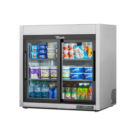 True TSD-09G-HC-LD 36" 2 glass slide door countertop refrigerator, front view with doors closed