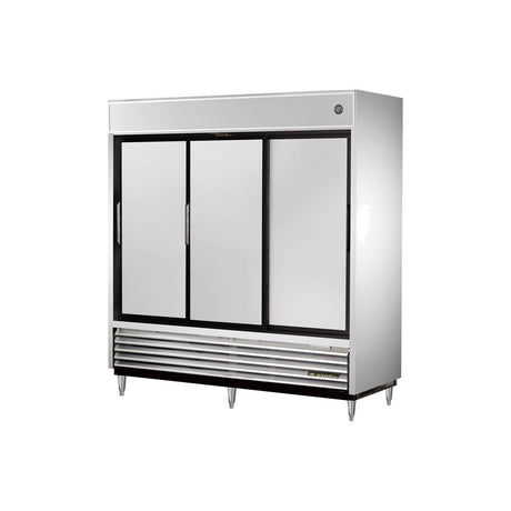 True TSD-69-HC 78-1/8 inch 3 solid slide door reach-in refrigerator, front view, doors closed