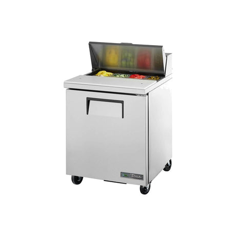 True TSSU-27-08-HC 27-5/8" 1-door sandwich/salad prep table with (8) 1/6 size pans, door closed, lid open