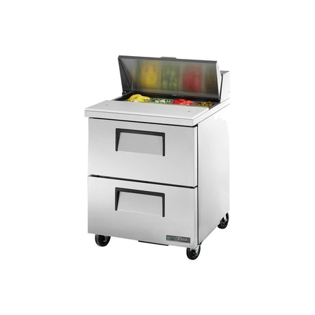 True TSSU-27-08D-2-HC 27-5/8" 2-drawer sandwich/salad prep table with (8) 1/6 size pans, drawers closed, lid open