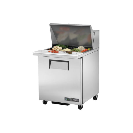 True TSSU-27-12M-B-HC 27-5/8" 1-door mega top sandwich/salad prep table with (9) 1/6 and (3) 1/9 size pans, door closed, lid open