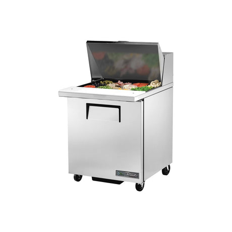 True TSSU-27-12M-C-HC 27-5/8" 1-door mega top sandwich/salad prep table with (12) 1/6 size pans, door closed, lid open
