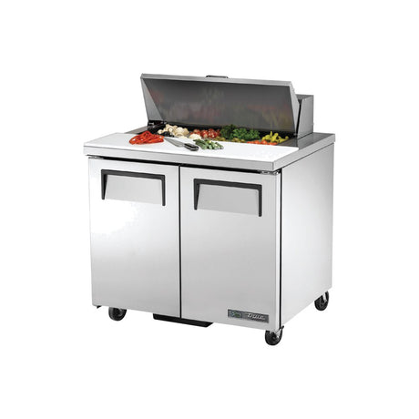 True TSSU-36-08-HC 36-3/8" 2-door sandwich/salad prep table with (8) 1/6 size pans, doors closed, lid open