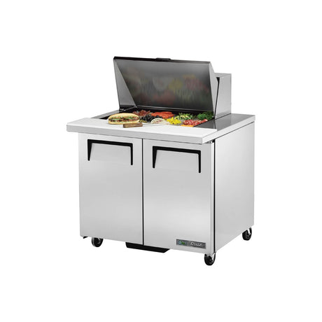 True TSSU-36-12M-B-HC 36-3/8" 2-door mega top sandwich/salad prep table with (12) 1/6 size pans, doors closed, lid open