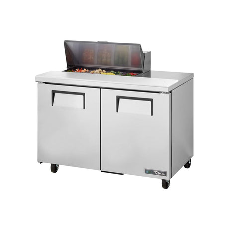 True TSSU-48-08-HC 48-3/8" 2-door sandwich/salad prep table with (8) 1/6 size pans, doors closed, lid open
