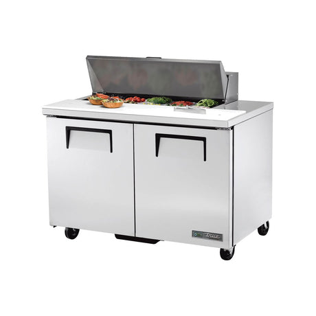 True TSSU-48-10-HC 48-3/8" 2-door sandwich/salad prep table with (10) 1/6 size pans, doors closed, lid open