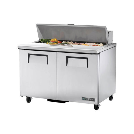 True TSSU-48-12-HC 48-3/8" 2-door sandwich/salad prep table with (12) 1/6 size pans, doors closed, lid open