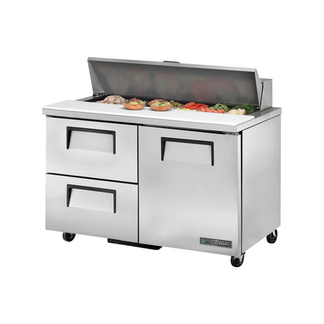 True TSSU-48-12D-2-HC 48-3/8" 1-door 2-drawer sandwich/salad prep table with (12) 1/6 size pans, door and drawers closed, lid open
