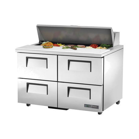True TSSU-48-12D-4-HC 48-3/8" 4-drawer sandwich/salad prep table with (12) 1/6 size pans, drawers closed, lid open