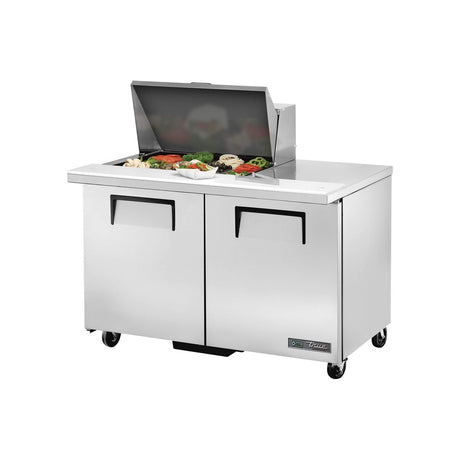 True TSSU-48-12M-B-HC 48-3/8" 2-door mega top sandwich/salad prep table with (12) 1/6 size pans, doors closed, lid open