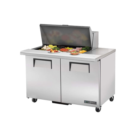 True TSSU-48-15M-B-HC 48-3/8" 2-door mega top sandwich/salad prep table with (15) 1/6 size pans, doors closed, lid open