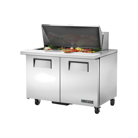 True TSSU-48-18M-B-HC 48-3/8" 2-door mega top sandwich/salad prep table with (18) 1/6 size pans, doors closed, lid open