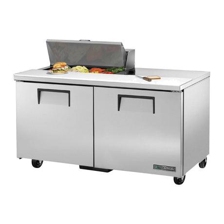 True TSSU-60-08-HC 60-3/8" 2-door sandwich/salad prep table with (8) 1/6 size pans, doors closed, lid open
