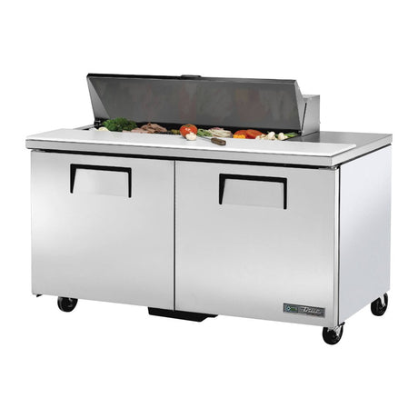 True TSSU-60-12-HC 60-3/8" 2-door sandwich/salad prep table with (12) 1/6 size pans, doors closed, lid open
