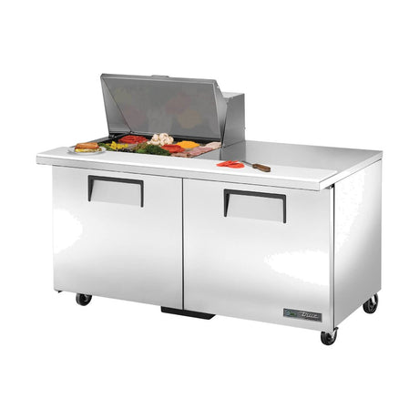 True TSSU-60-12M-B-HC 60-3/8" 2-door mega top sandwich/salad prep table with (12) 1/6 size pans, doors closed, lid open