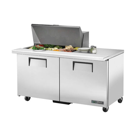 True TSSU-60-15M-B-HC 60-3/8" 2-door mega top sandwich/salad prep table with (15) 1/6 size pans, doors closed, lid open